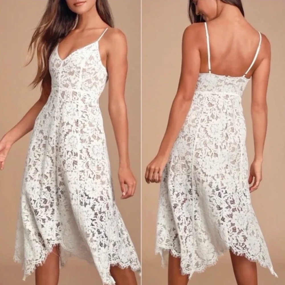 LULU’S One Wish White Lace Midi Dress Handkerchief Hem Women’s Sz Small NEW - Picture 1 of 7